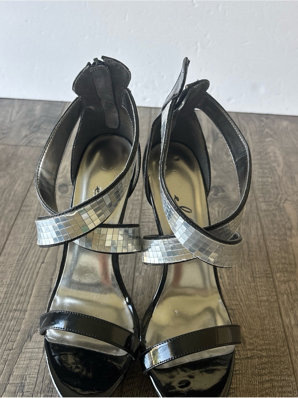 Ellie Black Patent Platform Stiletto Sandals with Silver Mosaic Straps - Picture 14 of 14